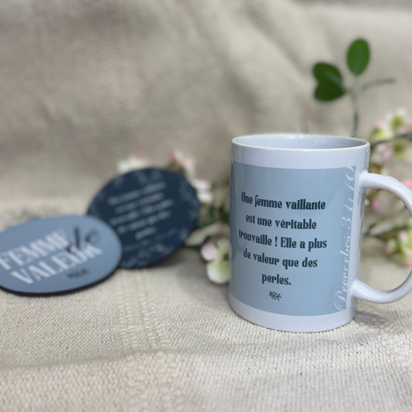 Ensemble Femme de valeur + Proverbes 31:10 (Tasse + Sous-verres)