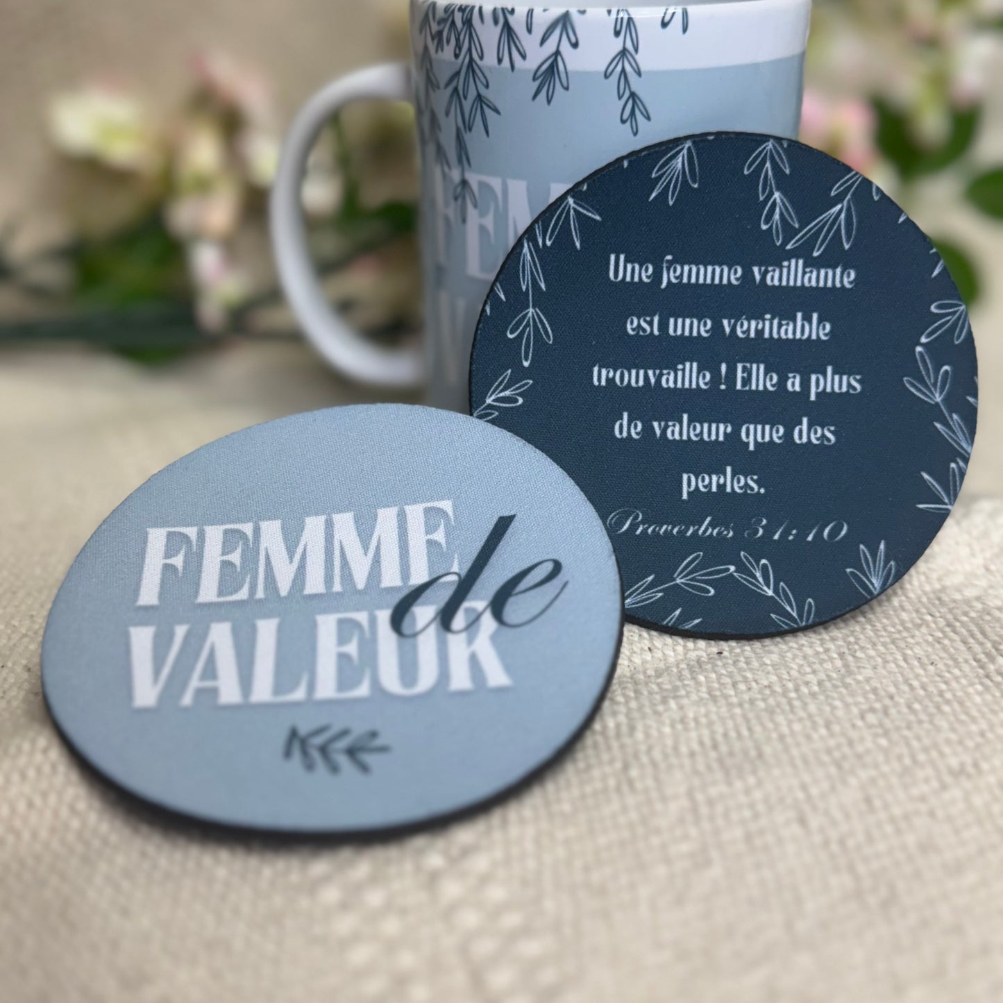 Ensemble Femme de valeur + Proverbes 31:10 (Tasse + Sous-verres)