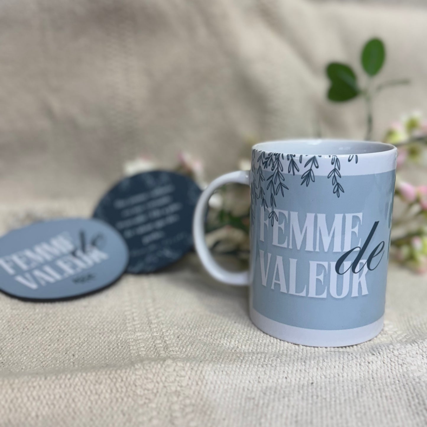 Ensemble Femme de valeur + Proverbes 31:10 (Tasse + Sous-verres)